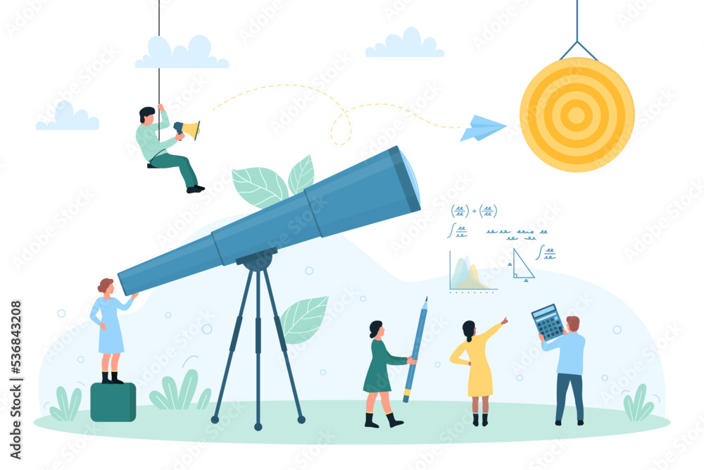 Business growth, vision vector illustration. Cartoon tiny people look through big telescope at future target and success opportunity, work on financial analysis and forecast with calculator and pencil - obrazy, fototapety, plakaty 