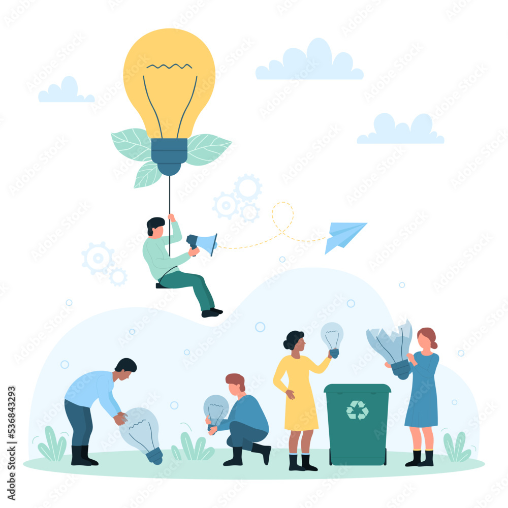 Good and bad creative ideas, success solution and leadership vector illustration. Cartoon tiny leader holding bright yellow light bulb, people from team collect broken lamps in waste container