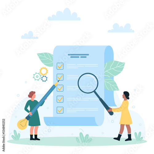 Traceability and product quality control vector illustration. Cartoon tiny people check list items with magnifying glass and pencil, notice options of chain supply, plan and logistics on checklist