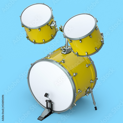 Set of realistic drums with pedal on blue. 3d render of musical instrument