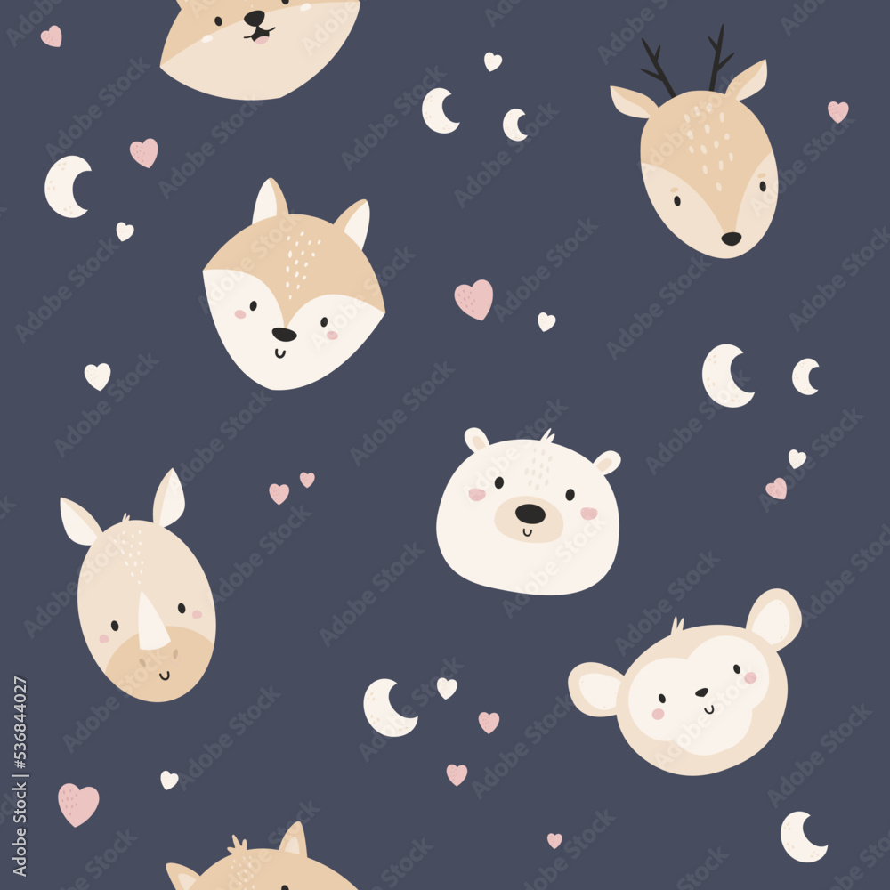 Seamless pattern with cute animals fox, deer, rhino, monkey, polar bear
