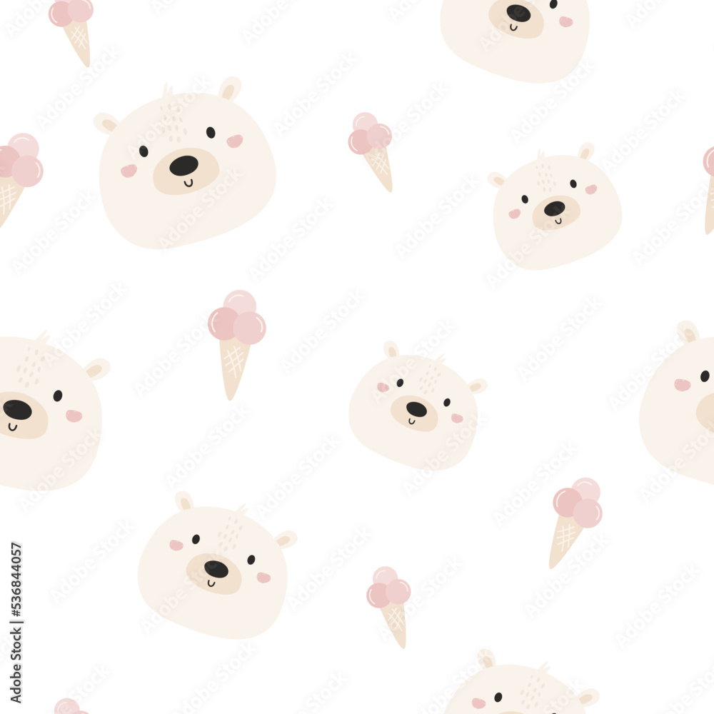 Seamless pattern with cute polar bears and ice cream