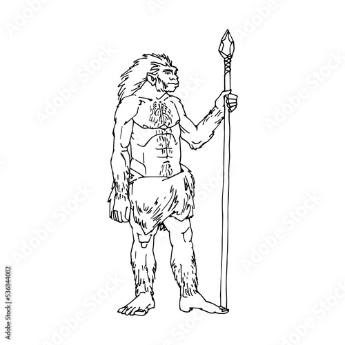 Prehistoric man. A Stone Age hunter. A caveman with a spear. Vector illustration with contour lines in black ink isolated on a white background in cartoon and hand drawn style.