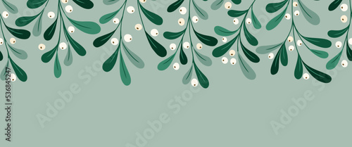 Christmas Foliage and Berries Vector Seamless Horizontal Pattern Border. Mistletoe Twigs. Winter Holidays Festive Washi Tape Print. Festive Botanical Design