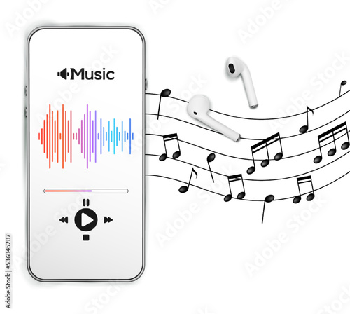 Music icon. Audio equipment with beats, notees, headphones, music application on mobile smartphone screen. Radio recording sound voice isolated on white background. Broadcast media music concept.