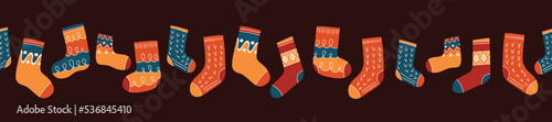 Colorful Retro Knitted Socks Vector Seamless Horizontal Pattern Border. Hand Daawn Fair Isle Knitwear Graphic Print. Autumn Background. Cozy Fall Doodle Design