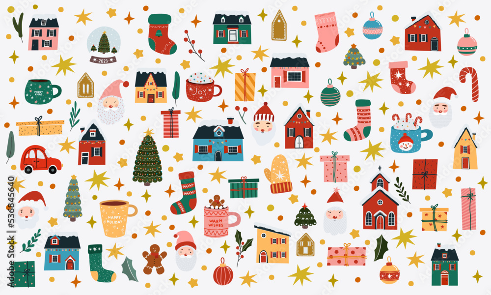 Fototapeta premium Christmas and New Year vector set. Cute winter illustrations in cartoon style.