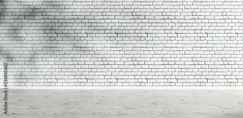 Empty room interior with white brick wall, white wood floor and tree shadow, architecture or building background template