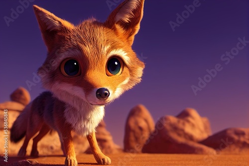 Modern 3D rendered computer-generated image of a desert coyote in a Southwestern US/Arizona setting. Made to look like realistic modern animation on a bright and sunny day in the Saguaro desert