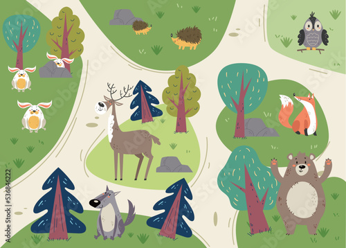 Animal forest park plan map safari abstract concept. Vector graphic design illustration
