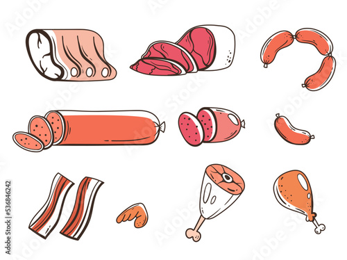 Meat chicken sausage pork beef ham line art abstract isolated set collection. Vector graphic design element illustration