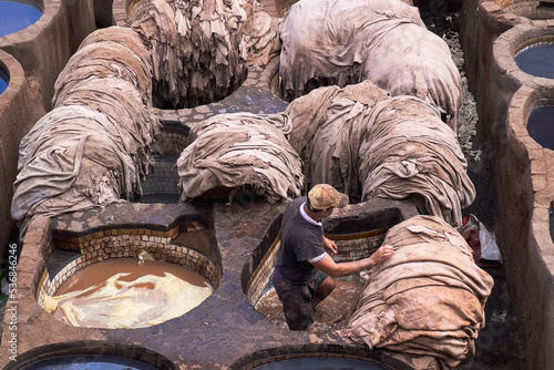 Men working at Chouara tannery in the old town of Fez