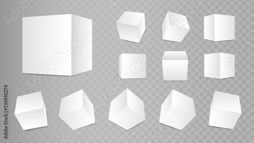 Cube icon set with perspective. 3d models of white square shapes. Vector isolated illustration