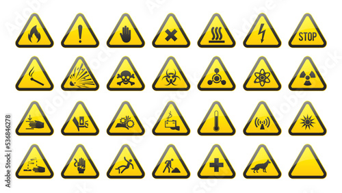 Set of Triangular Warning Hazard Signs. Danger icons collection. Poison, toxic, biohazard caution and other symbols in yellow triangle. Vector illustration