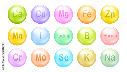 Minerals icon vector set. 3D pills drop capsules. Vitamin complex for beauty skin care