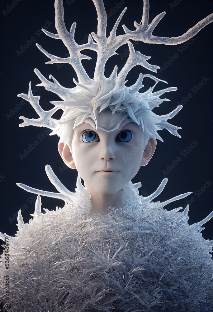 3D rendered computer generated image of Jack Frost, who brings cold, ice,  and winter with him everywhere he goes. Original character with no humans  nor reference images used. Illustration Stock