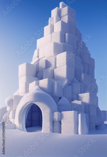 3D Rendered intricate Snowcastle - Computer generated image of winter blizzard scene. frosty and icy frozen castle made of ice and snow for winter 2023 photo