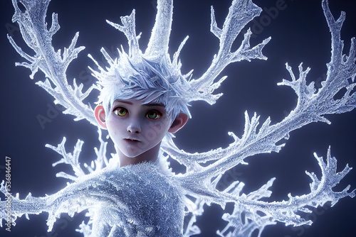 3D rendered computer generated image of Jack Frost, who brings cold, ice, and winter with him everywhere he goes. Original character with no humans nor reference images used.