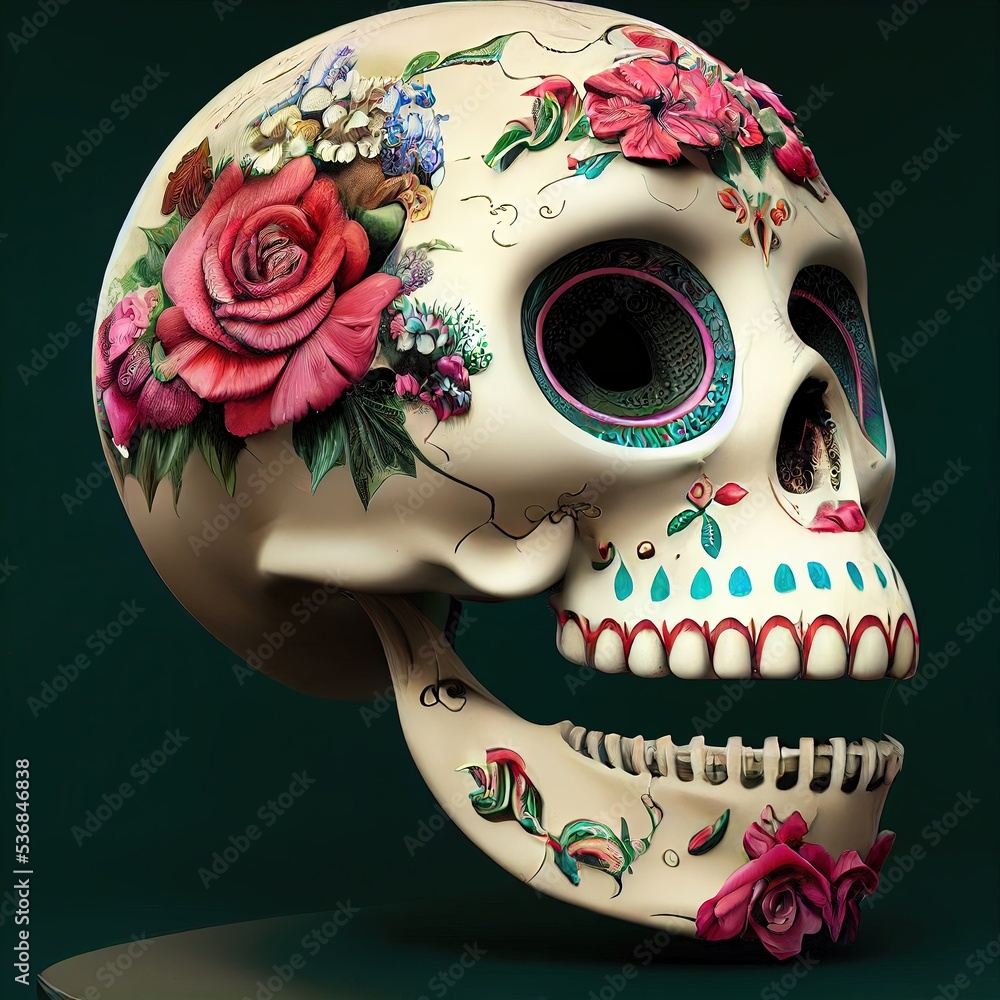 3D Rendered Calavera (Sugar Skull) in a traditional style for Dia de Los Muertos (Day of the dead). Flowers and skeleton computer generated to replicate photorealism and hyperrealism