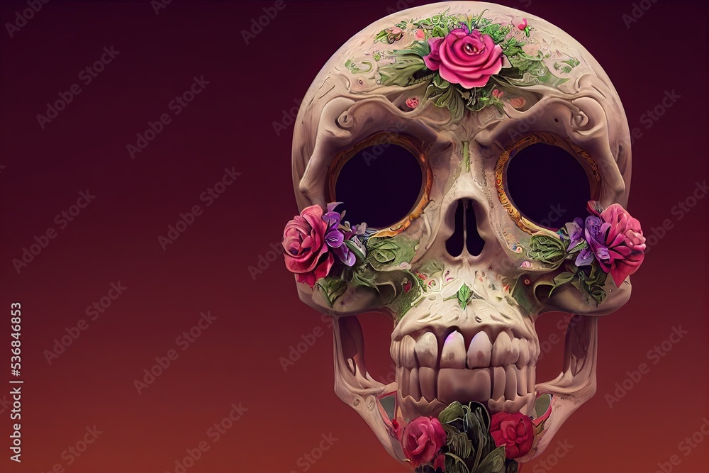 3D Rendered Calavera (Sugar Skull) in a traditional style for Dia de Los Muertos (Day of the dead). Flowers and skeleton computer generated to replicate photorealism and hyperrealism