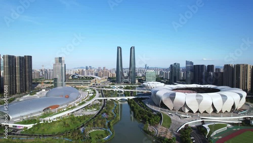 city skyline and landmark buildings in hangzhou binjiang in blue sky photo