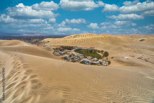 Wide angle view of the desert oasis of Huacachina in Peru.