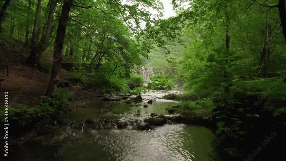 Slow flying through the forest over the beautiful mountain stream Slow flying through the forest over the beautiful mountain stream
