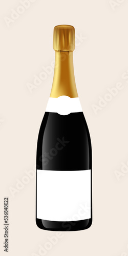 Bottle for alcoholic drinks with golden foil and blank label. Champagne bottle mockup. Christmas and New Year's popular drink. Vector illustration.