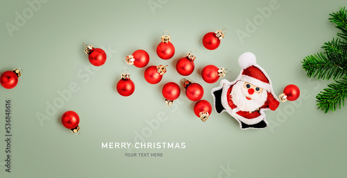 Santa Claus, red balls and fir tree color card. Christmas decoration
