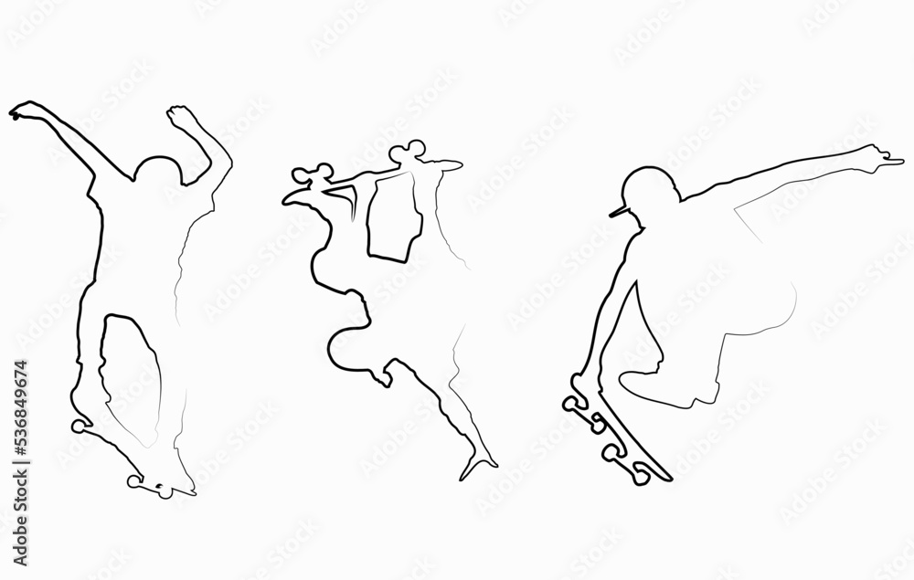 Skateboarders. Skaters. Three linears silhouettes of skateboarders. The shadows of the skaters. Skaters perform tricks. Stencils