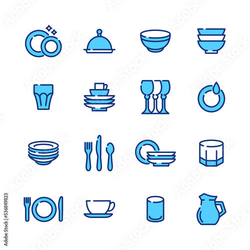 Dish line icon color set. Vector collection of household utensils with plate, bowl, cup, glass, wineglass, fork, spoon, knife.