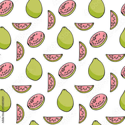 Seamless pattern with guajava on white background. Vector image.