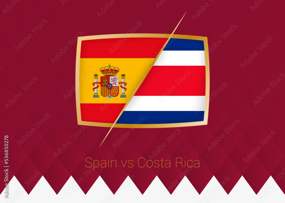 Naklejka premium Spain vs Costa Rica, group stage icon of football competition on burgundy background.