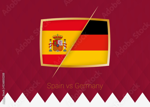 Spain vs Germany, group stage icon of football competition on burgundy background.