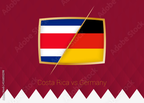 Costa Rica vs Germany, group stage icon of football competition on burgundy background.