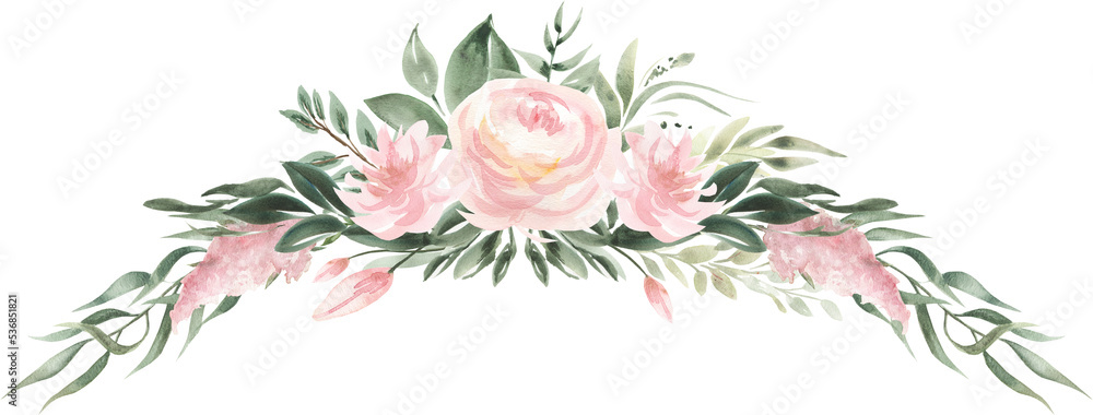 Watercolor Tropical Foliage, Flamingos, Pink Flowers, Peonies, Roses, Palm Leaves