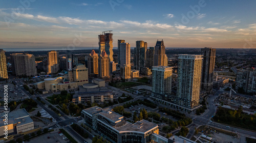 Drone shot of a cityscape view at sunset