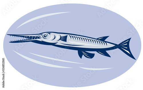 illustration of a Needlefish (family Belonidae)done in retro woodcut style. photo