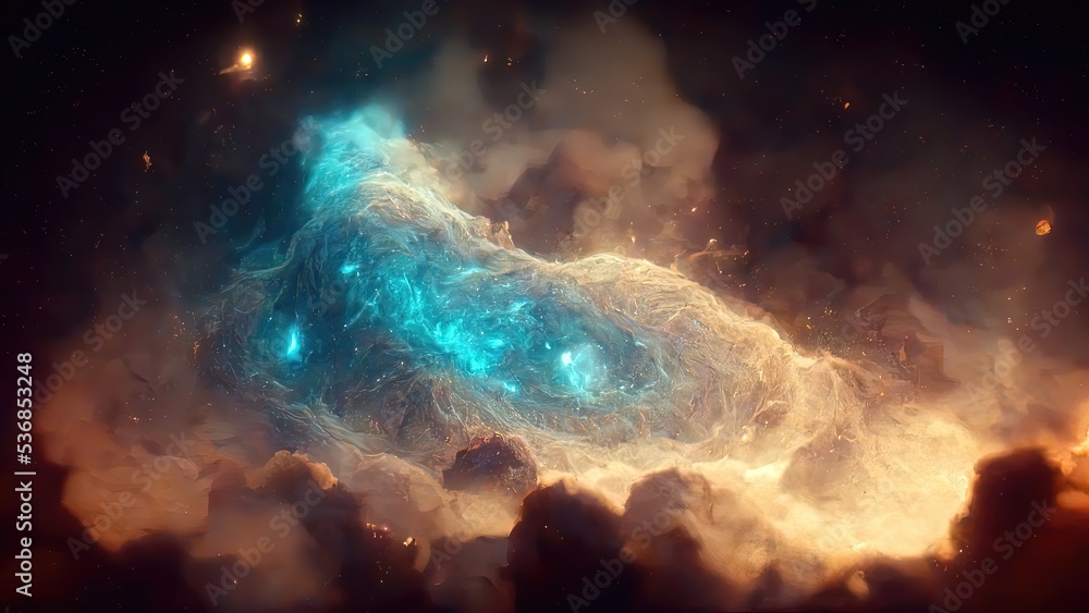 Concept art of orange, blue and black gradients, nebulae, galaxies and milky way, with clouds of sparkling jewel-like space stars.