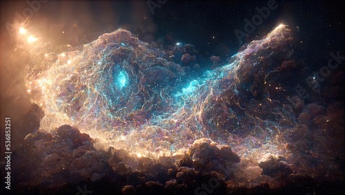 Concept art of orange, blue and black gradients, nebulae, galaxies and milky way, with jewel-like one-eyed shapes spreading like clouds.