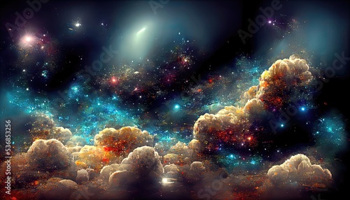 Concept art of orange, blue and black gradients, nebulae, galaxies and milky way, with clouds of sparkling space stars.