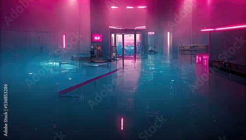 Concept art of a cyberpunk-inspired Sci-Fi City, with an empty studio atmosphere and pink and blue tones. photo