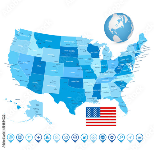 USA Blue color map and map icons