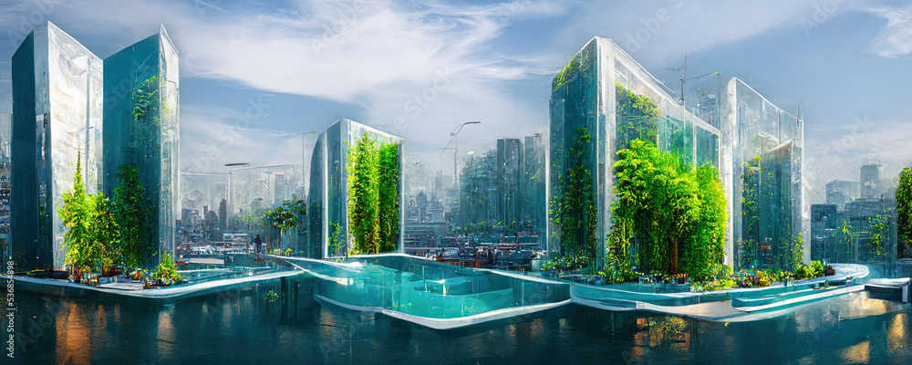 Illustration of futuristic sustainable houses. Future city with ...