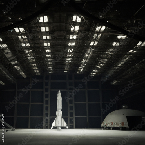 Digital illustration of space station rocket launch space shuttle cargo hanger. Concept design for poster artwork album art. Futuristic space themed design with dramatic lighting.