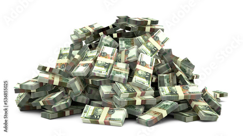 Big pile of Laotian kip notes a lot of money over white background. 3d rendering of bundles of cash photo