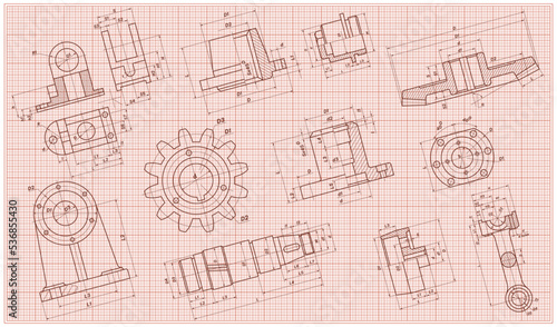 A technical study in crimson tones. Editable graph paper background. Technical drawing, unique machine details. Wallpaper. Vector illustration.