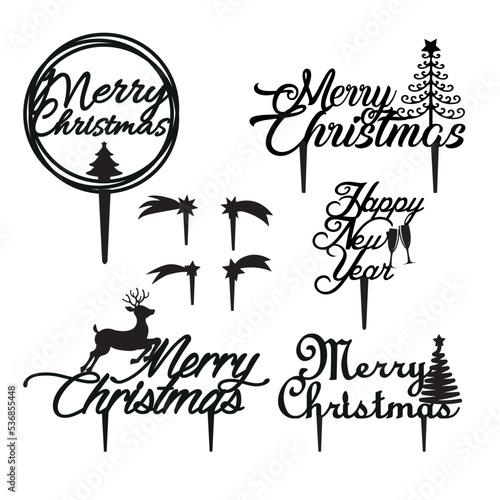 Set merry christmas topper Silhouettes happy new year tree