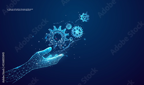 Gears. Mechanical technology machine engineering symbol in hand. Abstract wireframe low polygonal 3D gears.