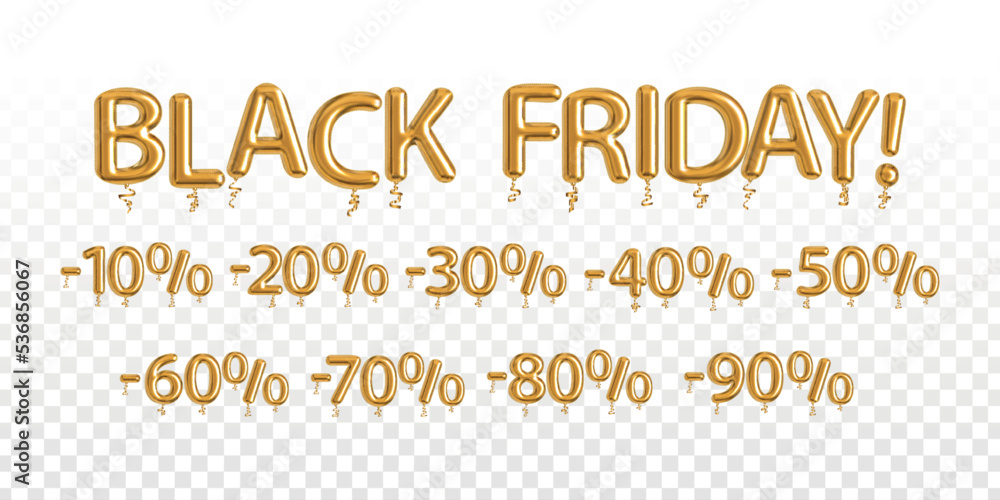 Fototapeta premium Vector realistic isolated golden balloon text of Black Friday and sale numbers on the transparent background.